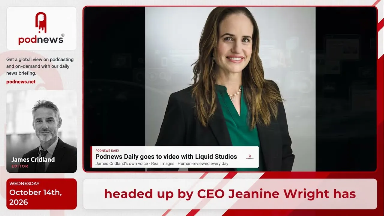 A frame from the first video edition of Podnews Daily: Jeanine Wright in the Podnews-branded frame with the lower third 'Podnews Daily goes to video with Liquid Studios'